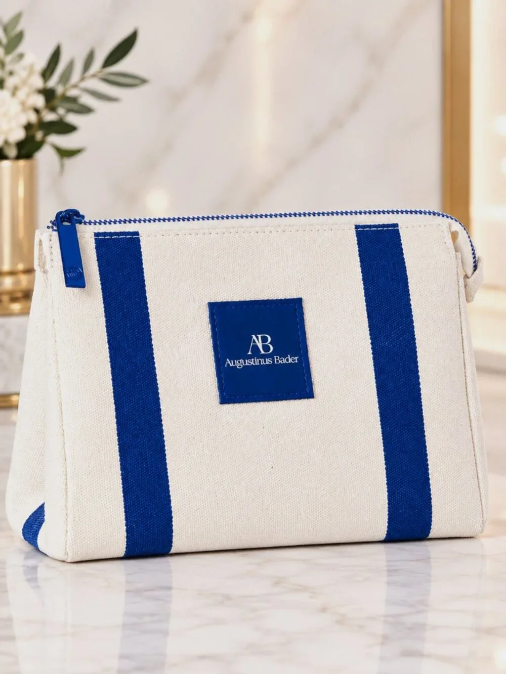 Augustinus Bader cream & blue striped canvas cosmetic bag makeup travel pouch